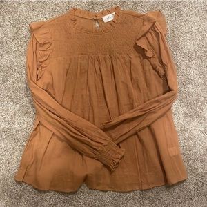 ModCloth Luisa Swiss Dot Ruffled Blouse in Camel